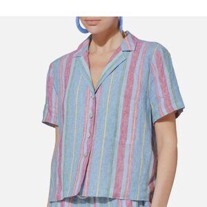 FRAME 100% Linen Striped Crop Shirt  Madras Button Up Blouse Size Xs